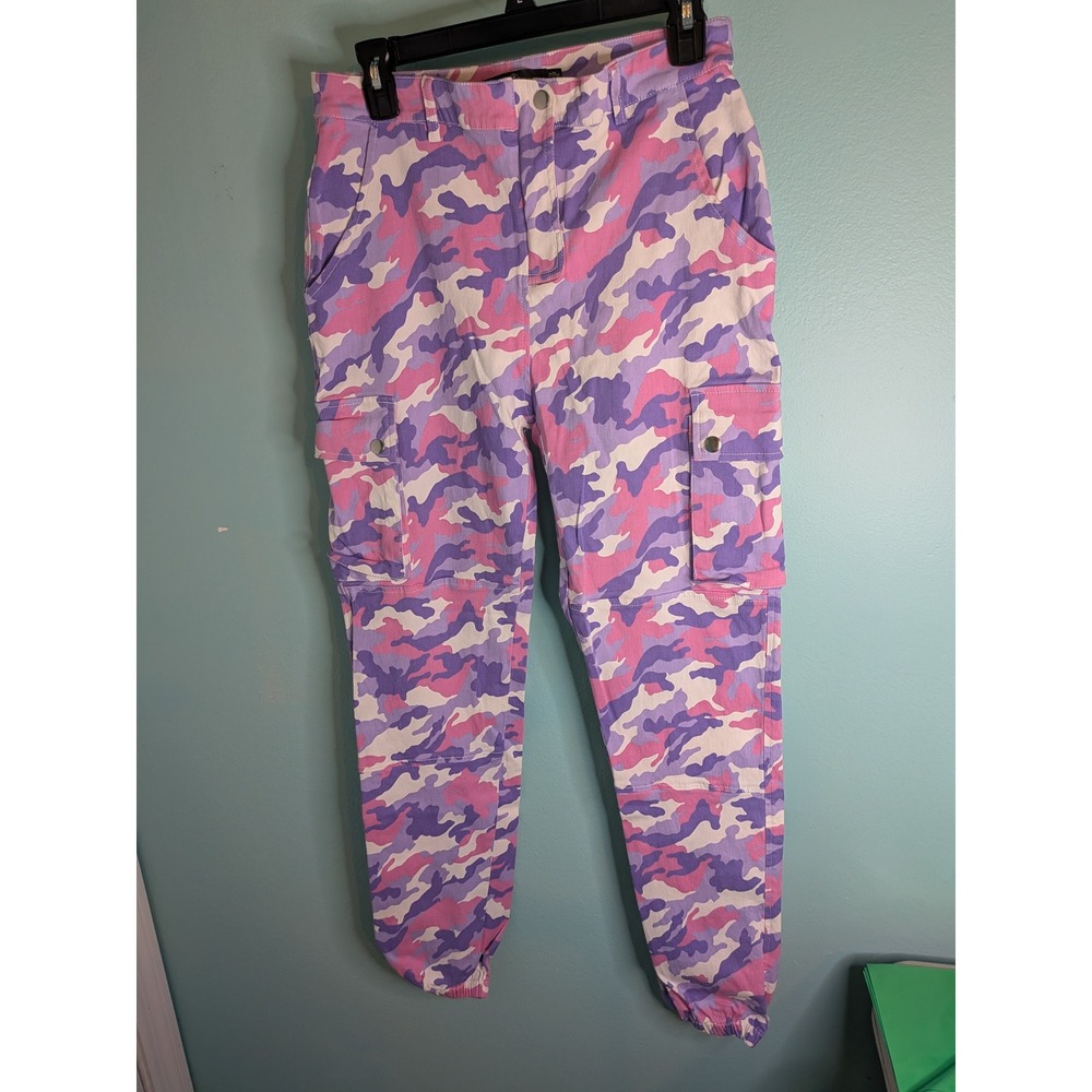 Zara Women Pink Purple Camo Cargo Pants High Waisted Joggers Size L‎